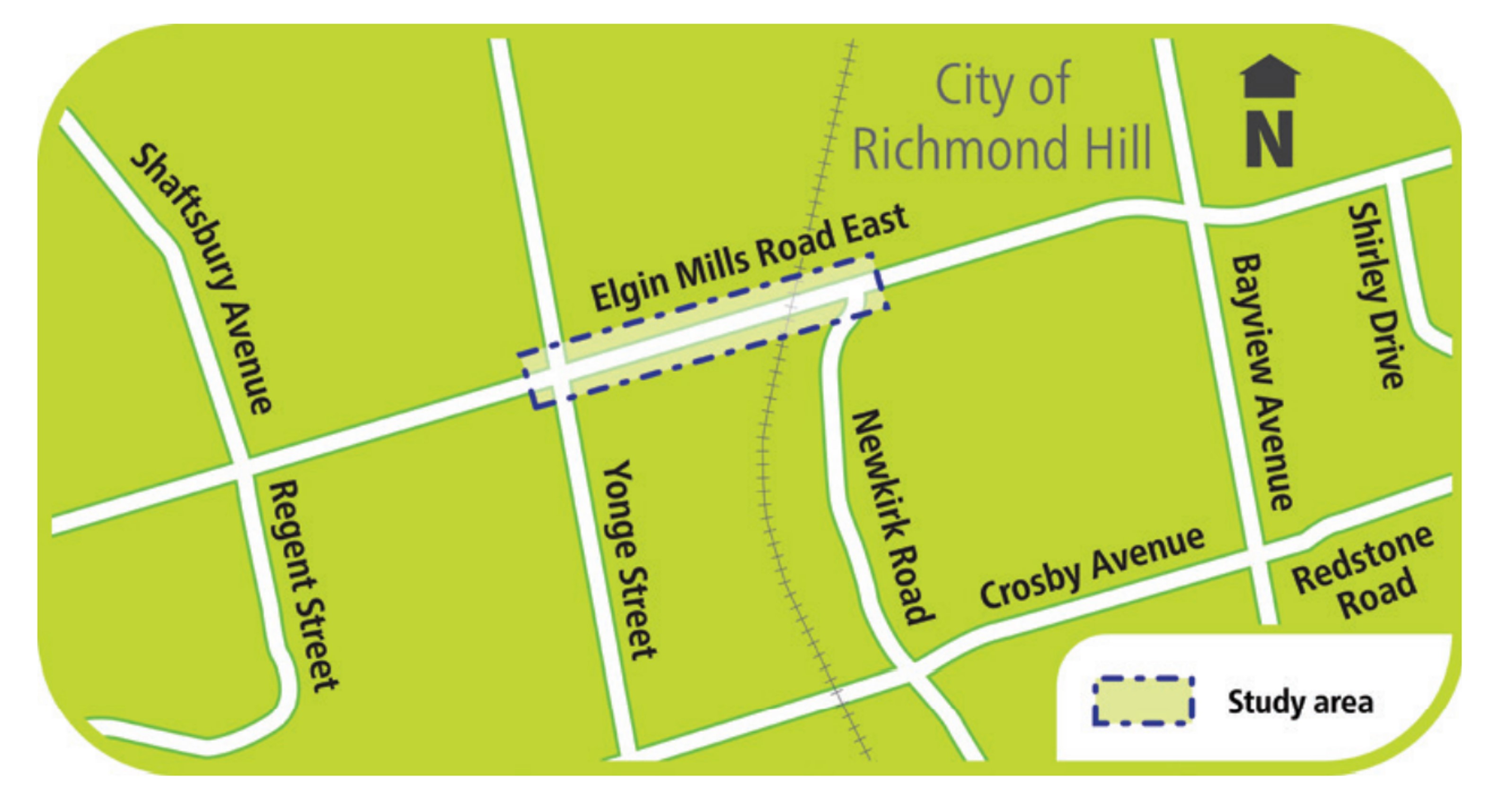 Map of study area along Elgin Mills Road East from Yonge Street to Newkirk Road